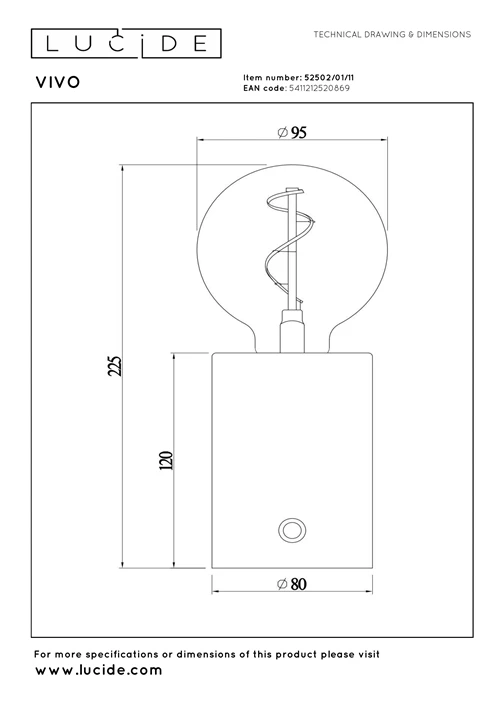 Lucide VIVO - Lampe de table Rechargeable - Batterie/Piles - Ø 8 cm - LED Dim. - E27 - 1x1W 2700K - Chrome - technique